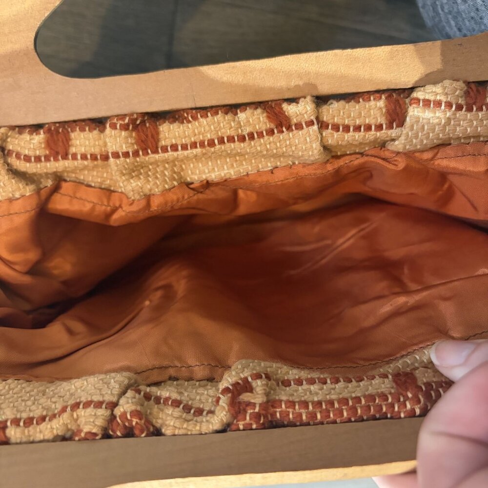 Vintage Woven Fabric Clutch Wooden Top Handles Geometric Earth Tones 70s Boho - Picture 7 of 8